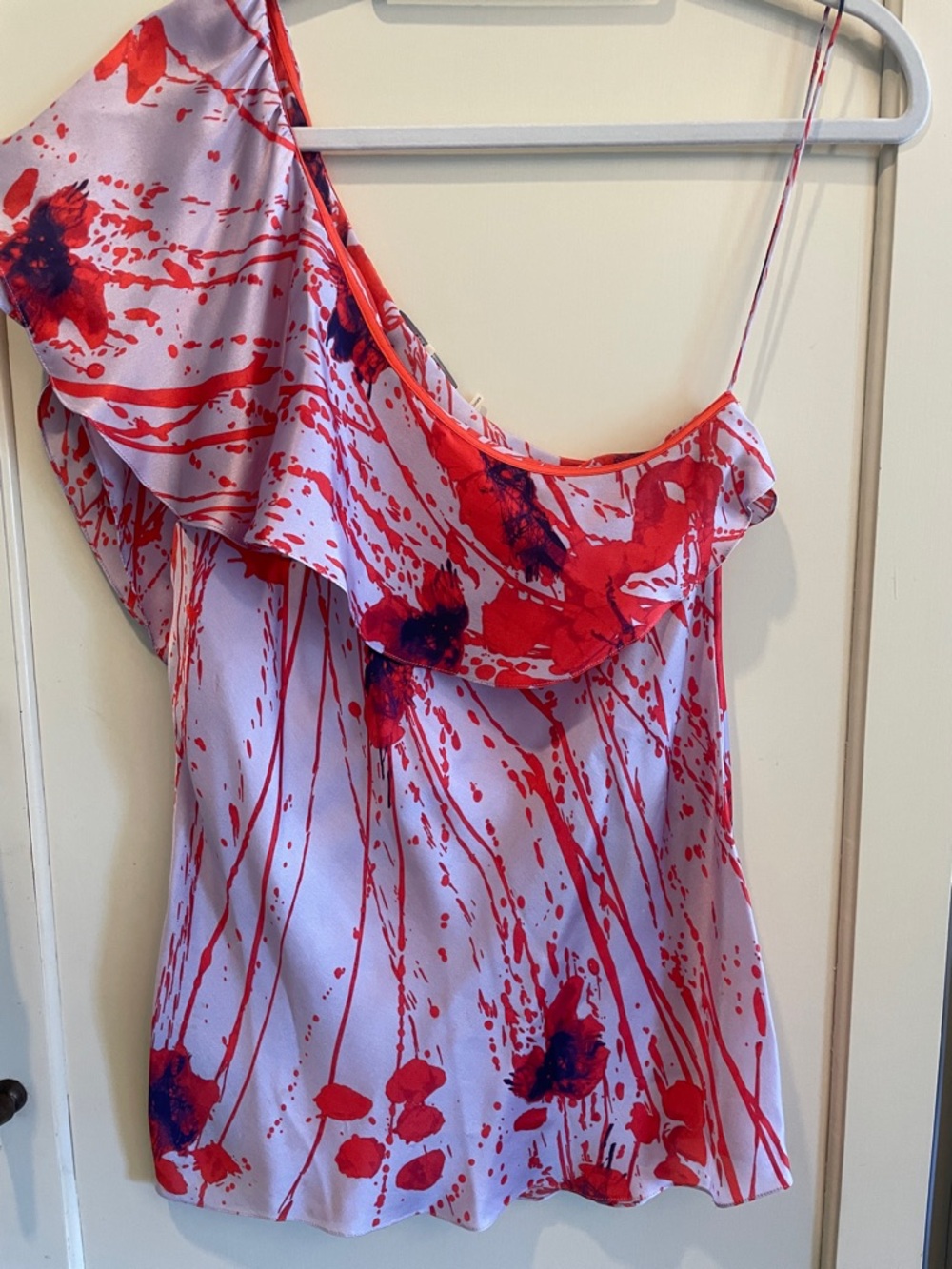 Elie Tahari Silk One-Shoulder Blouse in red and lavender, Size M